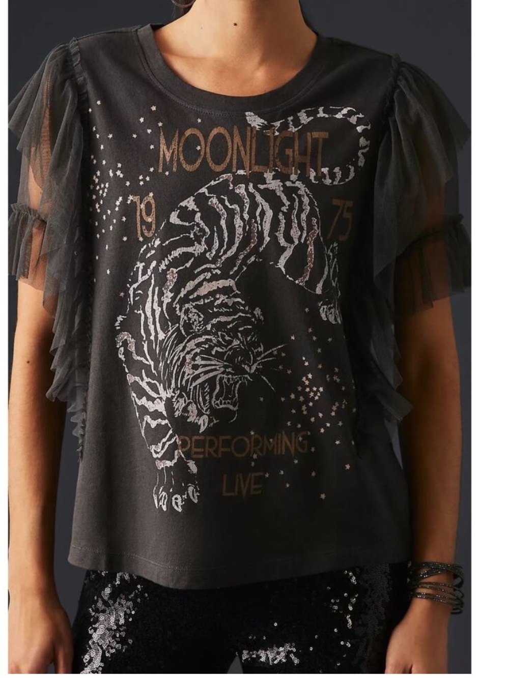 Anthropologie PILCRO mesh sleeve TULLE graphic tee GRAY 1975 tiger SIZE XL - Picture 2 of 8